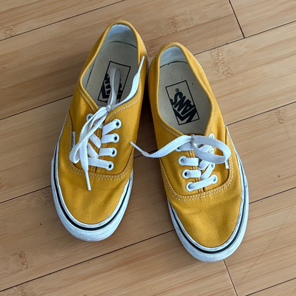 Vans Mustard Canvas Shoes with White Accents well worn condition size 5.5 womens